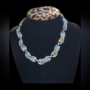 Vintage Coro Linked Blue Rhinestone Rhodium Plate Choker Necklace
